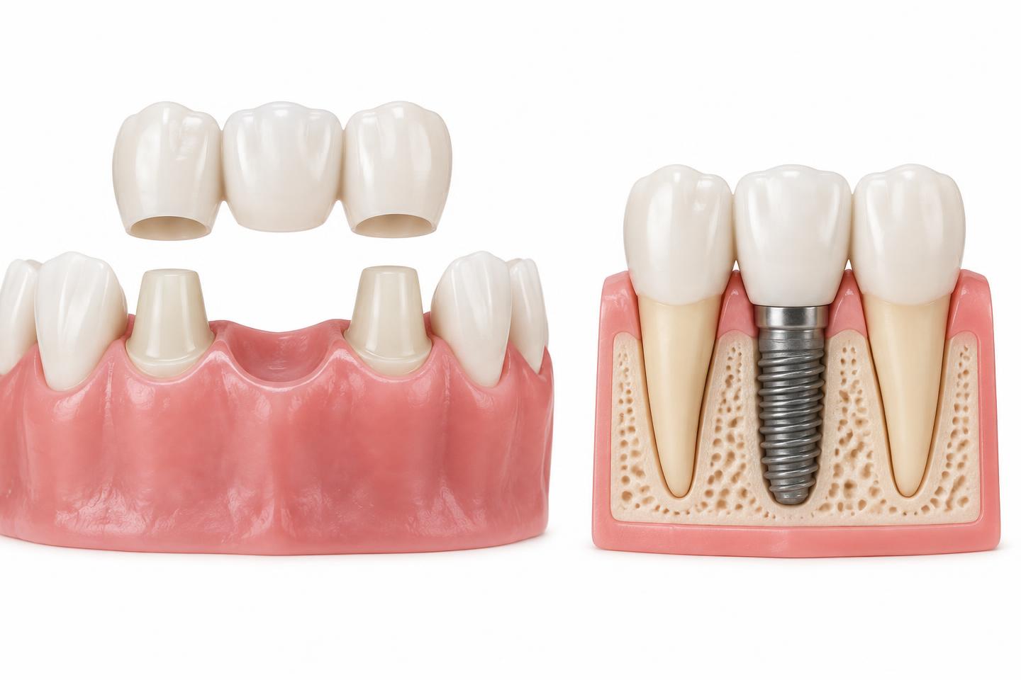 Ilustração de ponte apoiada em dentes e implante unitário