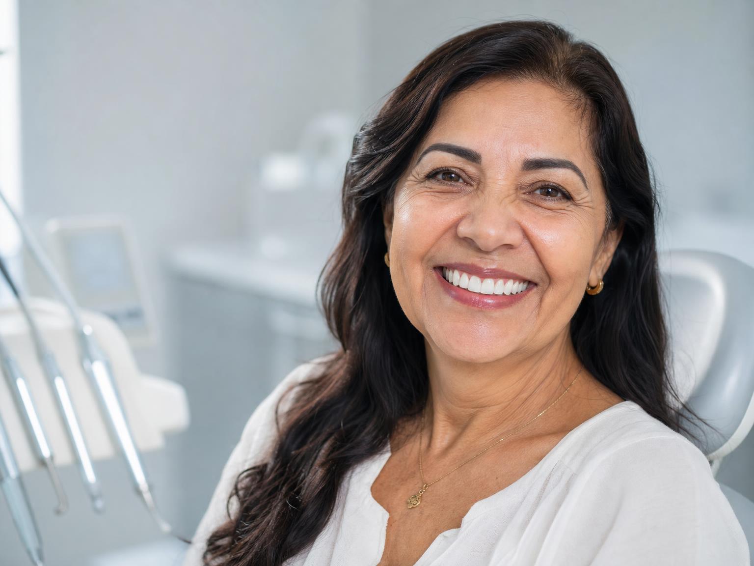 Paciente sorrindo após reabilitação com próteses sobre implantes dentários