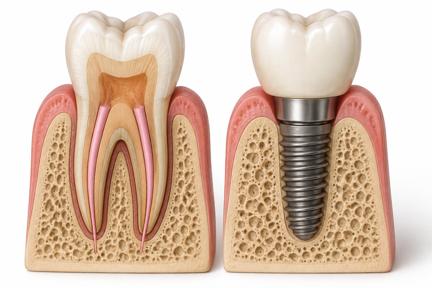 Ilustração comparativa de dente tratado com canal e implante
